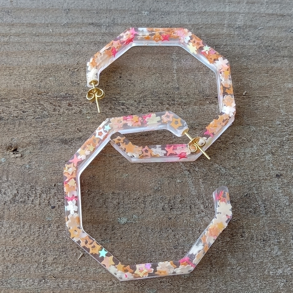 Coral, orange and yellow geometric resin hoop earrings